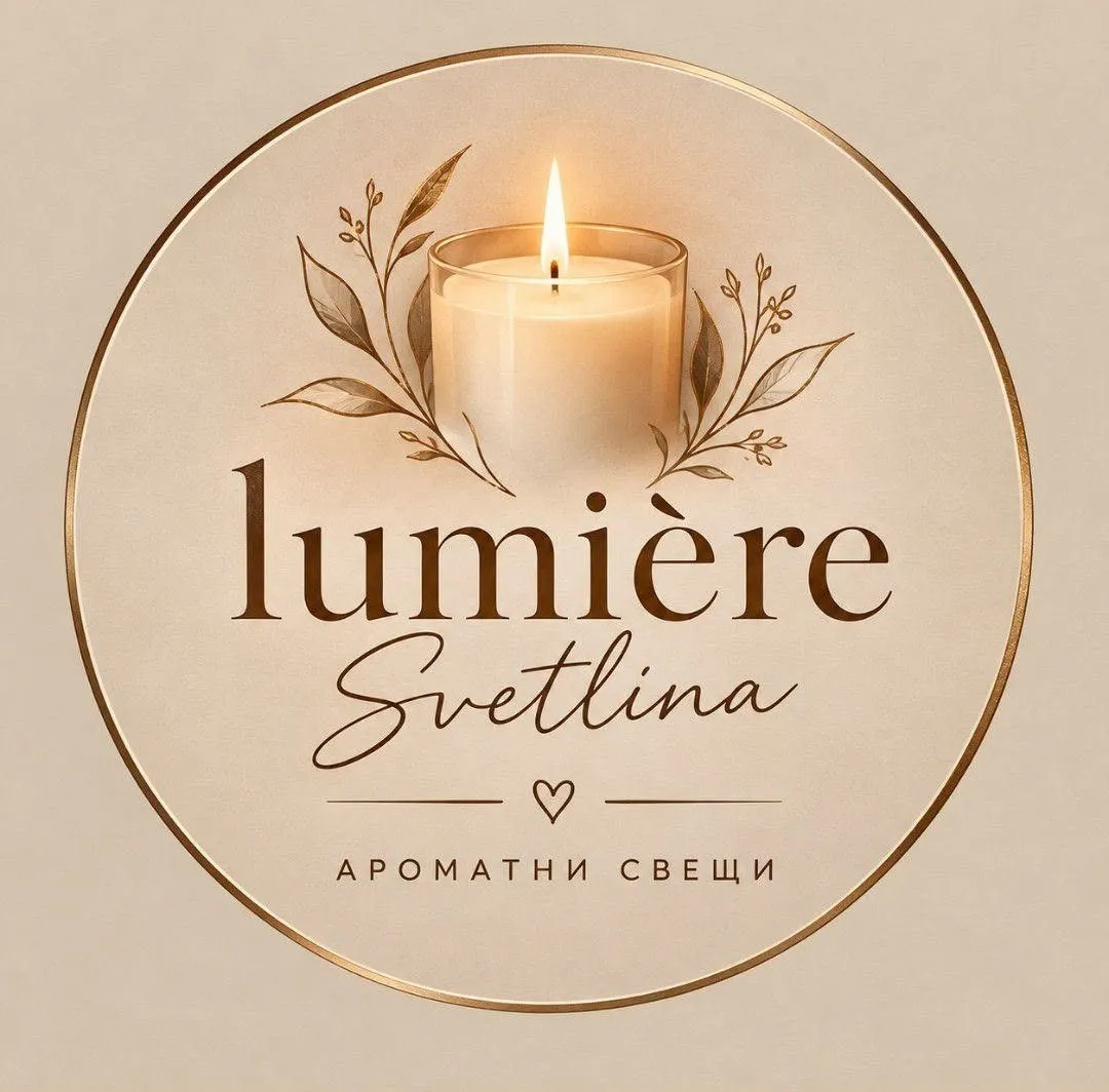 Лого на Lumière Svetlina — запалена свещ в златен кръг и надпис „Ароматни свещи“