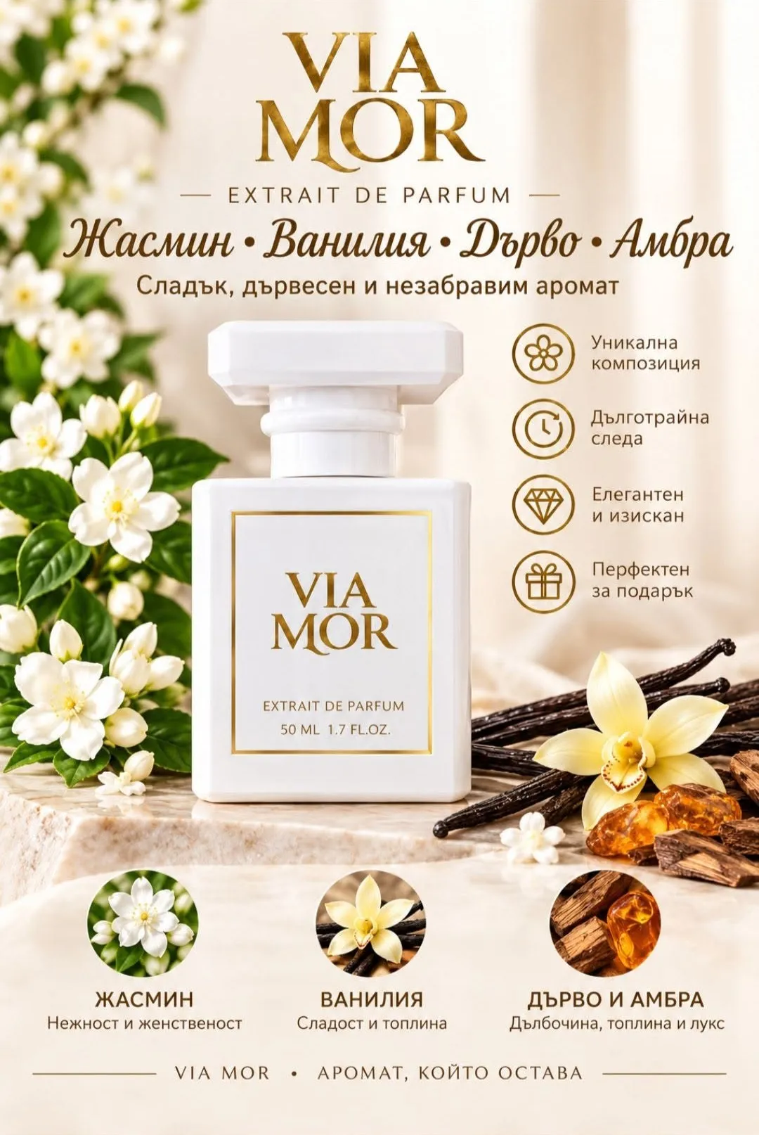 Рекламен плакат на парфюм Via Mor Extrait de Parfum с жасмин, ванилия, дърво и амбра — 50 ml