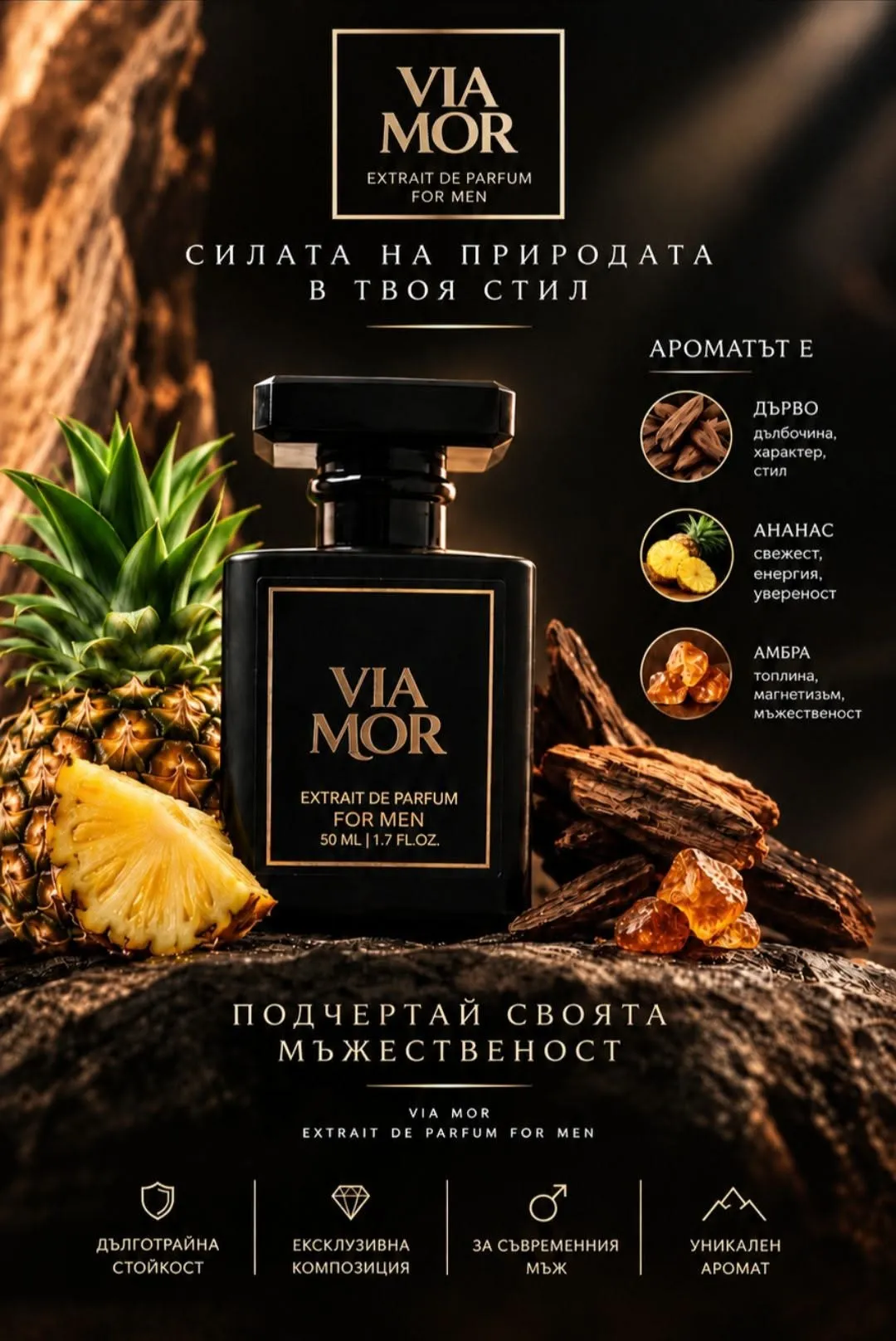 Рекламен плакат на мъжки парфюм Via Mor Extrait de Parfum for Men с дърво, ананас и амбра — 50 ml